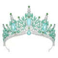 Detailed close-up of a silver crystal bridal tiara with mint green stones and rhinestones. - Silver With Green Opal B