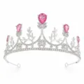 Silver bridal tiara crown with pink crystal rhinestones, elegant wedding hair accessory sku. - Silver with Pink Rhinestone