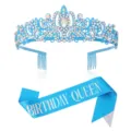 Blaues Geburtstag Krone Diadem und Schärfe Set mit Strass für Party Feier Foto Requisiten. - Blaue Krone + Blaue Schillernde QUEEN Schärpe Set