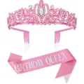 Rosa Geburtstag Königin Tiara und Glitzer Schärfe Set für Frauen Party Dekoration. - Rosa Krone + Rosa Schillernde QUEEN Schärpe Set