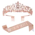 Rosegold Geburtstag Tiara und Schärpe Detail mit funkelnden Strasssteinen und eleganter Schrift. - Roségold Krone + Roségold Schillernde QUEEN Schärpe Set