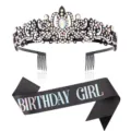 Set di tiara in strass neri e fascia compleanno donna per festa e oggetti di scena. - Set Corona Nera + Fusciacca Nera Cangiante GIRL