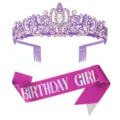 Set di tiara corona e fascia compleanno ragazza diadema strass viola festa donna - Set Corona Viola + Fusciacca Viola Cangiante GIRL