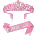 Rosa Prinzessin Tiara Krone und Geburtstagsschaerfe Set glaenzender Strass Party Haarschmuck - Rosa Krone + Rosa Schillernde GIRL Schärpe Set