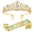Goldener Strass Tiara Krone und Birthday Girl Glitzer Schärpe Set für Party Feier Foto. - Goldene Krone + Goldene Schillernde GIRL Schärpe Set