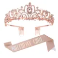 Roségoldener Geburtstagsdiadem und glitzernde Schärpe, Strass Krone mit Haarkämmen. - Roségold Krone + Roségold Schillernde GIRL Schärpe Set