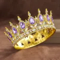 Close-up detail of luxury gold baroque crown featuring purple crystals and clear rhinestones. - Gold + Purple Rhinestone