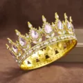 Baroque Gold Crown Tiara Teardrop Pink Rhinestone Full Circle Hair Ornament Princess - Gold + Pink Rhinestone
