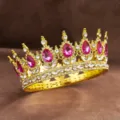 Exquisite baroque alloy crown detail, sparkling pink teardrop rhinestones and clear crystals. - Gold with Rose Red Rhinestone