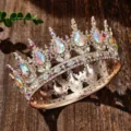 Baroque gold rhinestone crystal crown tiara with iridescent drops for party headpiece - Rose Gold + Mixed Colors