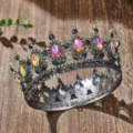 Baroque rhinestone crown detail shot, featuring colorful teardrop crystals on antique silver. - Gun Black + Multicolor Rhinestone