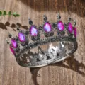 Baroque black alloy full circle crown with pink teardrop rhinestones bridal hair accessories - Gun Black + Rose Red AB Rhinestone