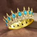 Baroque gold full round crown with blue teardrop rhinestones and sparkling crystal headpiece - Gold with Lake Blue