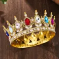 Baroque alloy rhinestone full crown crystal tiara for wedding party hair accessories - Imitation Gold + Mixed Color Rhinestone