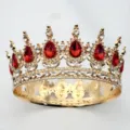 Baroque alloy rhinestone crown with red teardrop stones, elegant full circle tiara hair accessory. - KC Gold + Red Rhinestone