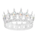 Baroque silver full round tiara crown with colorful teardrop rhinestones for wedding party. - Silver + Moonlight White Rhinestone