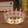 Baroque alloy rhinestone crown tiara with pink teardrop crystal for party wedding hair accessory - Acrylic Rhinestone - Gold & Pink