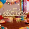 Gold rhinestone 5th birthday tiara crown with hair combs for party celebration headwear - 5Y