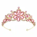 Bridal gold tiara headband with sparkling pink and clear rhinestones for wedding and parties. - Gold with Pink Zirconia