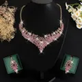 Exquisite pink crystal necklace and earrings set, stunning evening party jewelry accessories. - Gold with Purple Rhinestone
