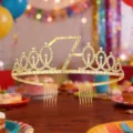 Gold 70th birthday rhinestone tiara crown headband with side combs for party celebration. - Age 7