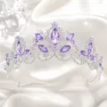 Detailed view of a stunning bridal crystal tiara with purple marquise rhinestones and shiny gems. - Silver with Purple Rhinestone