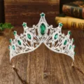 Baroque silver bridal tiara crown with green crystal and sparkling rhinestones for wedding party. - Silver with Green Rhinestone