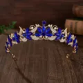 Stunning gold bridal tiara with deep blue and clear crystals for elegant wedding hair decoration. - Gold + Blue Rhinestone