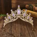 Luxury baroque gold tiara crown with purple crystal rhinestones for bridal wedding party - Gold Purple Zircon