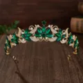 Baroque gold bridal crown tiara with deep green and clear crystals for wedding hair accessories. - Gold + Green Rhinestone