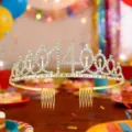 Gold rhinestone birthday tiara crown with number design and hair combs for party celebration. - 14 Years Old