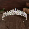 Detailed close-up shot of the exquisite silver bridal tiara showcasing sparkling crystal details. - Silver With AB Rhinestone