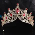 Baroque luxury gold red rhinestone bridal tiara crown for wedding party princess dress accessories - Gold Red Zircon