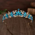 Baroque Blue Crystal Tiara Gold Bridal Crown Wedding Hair Accessories Hairband Jewelry - Gold + Lake Blue Rhinestone