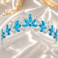 Blue rhinestone bridal tiara silver metal crown crystal hair band for wedding party accessories - Silver with Lake Blue Rhinestone