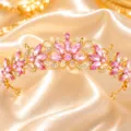 Gold pink crystal tiara crown bridal hair accessory sparkling rhinestone wedding hair hoop. - Gold + Pink Rhinestone