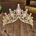 Gold Baroque Bridal Crown Luxury Rhinestone Tiara Princess Wedding Party Hair Accessories - Gold/Pink Zircon