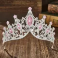 Silver baroque bridal tiara crown with sparkling pink crystals for wedding party dress accessories - Silver/Pink Zircon