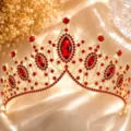 Exquisite baroque gold bridal crown with brilliant red rhinestones for luxury wedding party wear. - Gold + All Red Rhinestone