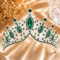Luxury green crystal rhinestone bridal tiara baroque style alloy crown for wedding party dress. - Silver with Green Rhinestones