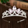 Zilveren kristallen tiara kroon met roze druppelvormige strass-steentjes voor verjaardagsfeestje. - H-098 Zilver & roze