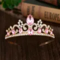 Gouden kristallen tiara kroon voor meisjes, roze strass prinses hoofddeksel voor verjaardag. - H-119 Goud & roze
