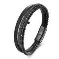 Black multi-layer leather braided men bracelet with cross and stainless steel clasp. - Color Five (Classic Black)