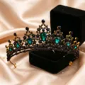 Meravigliosa tiara con corona da sposa in cristallo nero e oro per accessori per capelli da festa - Oro Antico Con Strass Verde