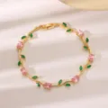 Exquisite gold plated vine bracelet with pink and green zircon flowers for women fashion jewelry - Pink And Green