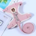 Pink mesh dog harness and leash set with cute bear badge for small dogs, cats and rabbits. - S / Pink with Leather Label