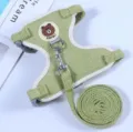 Green mesh pet harness and leash set for small dogs and cats with cute bear badge. - S / Leather Label in Green