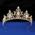Elegant gold bridal tiara with sparkling rhinestones for weddings, parties, and princess. - Gold and White Zirconia