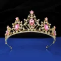 Stunning gold tiara detail with sparkling pink and clear crystals for bridal party hair accessories. - Gold + Pink Rhinestone