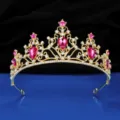 Gold bridal tiara crown with pink teardrop rhinestones princess party hair accessory - Gold with Rose Red Rhinestone